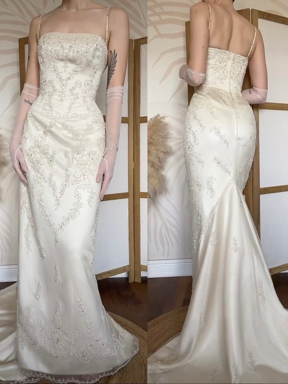 Beaded Satin Bridal Sheath Dress in Ivory